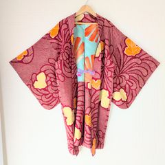 Japanese Vintage Haori Long Red Shibori Chrysanthemums pattern Silk Kimono Gown Old-ⅽloth 長羽織 羽織 正絹 赤 総絞り 乱菊 古布 時代布 一点物 大正浪漫 和洋折衷