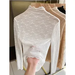 ☆ ホワイト ☆ Lサイズ ☆ ファンデーションインナー レース 透ける シースルー トップス 長袖 シアートップス チュールトップス レーストップス 透け感 レディース 小花柄 ハイネック ボトルネック メッシュ レイヤード 重ね着 インナー カットソー