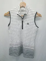◇ ⊂ adidas アディダス ボーダー ハーフジップ ノースリーブ ゴルフウェア サイズL ホワイト レディース E  【1409250035715】