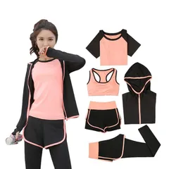 トレーニングウェア レディース ヨガウェア ランニングウェア 上下セット スポーツブラ パンツ 半袖 ロングタイツ パーカー 5点セット ジム 吸汗 速乾 通気#oneleaf3932