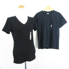 ユニクロ UNIQLO 2点セット Tシャツ カットソー フライス Vネック 半袖 クルーネック 半袖 コットン L ブラック/ネイビー ※EKM