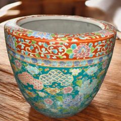 古伊万里 色絵 花唐草図火鉢 高さ25cm 古美術品 メダカ鉢 金魚鉢 手炙り火鉢 アンティーク 睡蓮鉢 十錦手 花図 植木鉢 骨董品