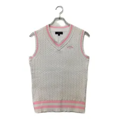 中古 レディース キャロウェイ Callaway ベスト M ホワイト 白×ピンク Vネック ニット ケーブル