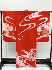 梅乃【082】正絹 7歳 四つ身 着物 朱色 鈴 手描き友禅 本加工 上質