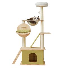 キャットタワー 猫タワー ネコタワー 多頭飼い タワー 1台2役 据え置き はしご 高さ150cm 猫ハウス 爪とぎポール おもちゃ U型ベッド付き 組立簡単 おしゃれ 天然木製 可愛い 子猫 大型猫 省スペース