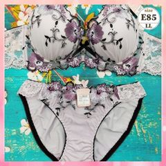 ★E85/LL☆美胸ブラ＆ショーツセット 脇高 美シルエット 谷間メイク 脇サイドスッキリ クラシカルな花 紫