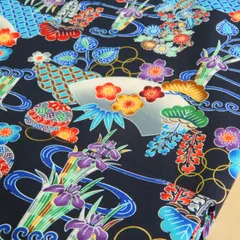 1m　1350-72E ブラック琉球柄 沖縄 紅型風 ブロード　生地 布地 布 ハンドメイド