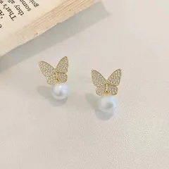 バタフライピアス ピアス リボン パール 人工パール 小さめ 白 真珠 silver925 レディス 合金 銅材質 シルバー925 ゴールド ピアス ドロップ ホワイト シンプル エレガント 揺れない 蝶ちょう型 羽翼 シック カジュアル