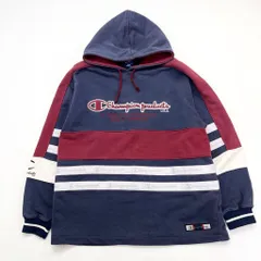 90s ☆ チャンピオン ☆ レトロ 切り替えデザイン◎ スウェット プルオーバー パーカー M ネイビー エンジ ホワイト 古着 Champion■I246