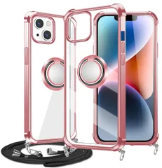 【人気商品】軽量 薄型 TPU 耐衝撃 縄掛けケース 斜めかけ 肩掛け 韓国 メッキ加工 おしゃれ 透明 スマホケース 15plus スタンド機能 アイホン リング付き クリア ケース 車載ホルダー対応… 用 Plus 15 iPhone