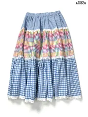 古着 レース チェック柄 ギンガムチェック柄 コットン 膝丈 ティアード スカート 水色 (btu2507009)