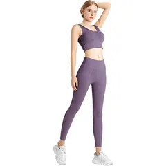 【送料無料】新品未使用 DynFun ヨガウェア レディース 上下セット スポーツウェア スポーツブラ カップ付き 美胸 揺れない レギンス ストレッチ ヨガパンツ(パープル 系　set,M)