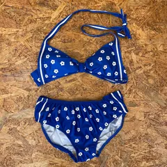 日本製 昭和レトロ 水着 9号 ブルー×ホワイト 花柄 スイムウェア セパレート ビキニ レディース Ladies ヴィンテージ ビンテージ vintage ユーズド USED MADE IN JAPAN