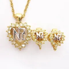 ニナリッチ NINA RICCI 2点セット ラインストーン ロゴ ネックレス イヤリング ハートモチーフ ゴールドカラー ■GY99