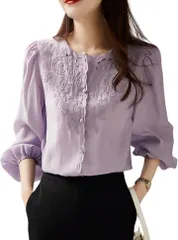 Four leaf 華やかな刺繍xエレガント トップス ブラウス シャツ 長袖 レース レディース ノーカラー パフスリーブ バルーン袖 バルーンスリーブ シャツブラウス ゆったり(パープル,  2XL)