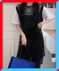 新品 レディース 薄手ベスト 透かし編みロングベスト サイドスリット 夏服 透け感 体型カバー トップス サマーニット 韓国風 【送料無料】