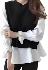 newNE ニューネ2点セット 重ね着風 ブラウス ベスト 長袖 レイヤード ドッキング シャツ トップス レディース 春 秋 プルオーバー 通勤 オフィス ビジネス 通学 大学生 社会人(ブラック,  L)