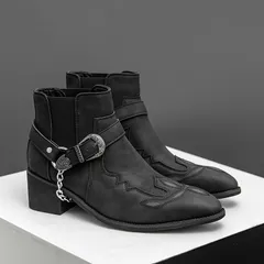 ショートブーツ ウエスタンブーツ メンズ ウエスタンブーツ チェーン ブラック ブラウン レザー アメカジ サイドゴア チェルシー ヒールブーツ エンジニア チャンキーヒール 紳士靴 ベルト ワークブーツ おしゃれ かっこいい