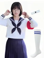 新品 [CaraCaro] セーラー服 長袖 女子制服 リーダーズ 腕章 長めスカート 学生服 女子高校生 制服 コスチューム ５点セット JK制服 刺繍 白三本 紺色の襟 可愛い 清純 コスプレ 学園祭 文化祭 仮装 本格制服
