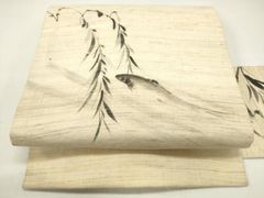 ❇︎ 作家物 内山晴祥 夏帯 絽 九寸名古屋帯 正絹 鮎 手描き　美品❇︎ ❇︎ 作家物 内山晴祥 夏帯 絽 九寸名古屋帯 正絹 鮎 手描き 美品