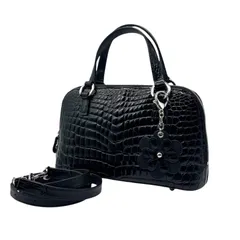 希少 シャイニークロコダイル 2way ミニハンドバッグ ショルダーストラップ ワニ革 リアルクロコ チャーム付き 黒 ブラック エキゾチックレザー