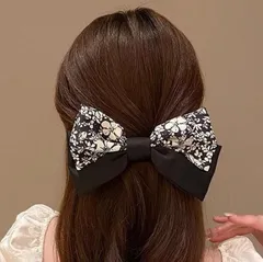 BIGリボン バレッタ 花柄 レディース ヘアアクセサリー ヘアクリップ 黒 上品 かわいい 大きめ 高級感 清楚 大人可愛い 結婚式 パーティー お呼ばれ フォーマル 髪飾り 韓国ファッション ヘアアレンジ 卒業式 入学式 人気