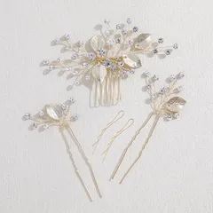 【在庫処分】Famihot 髪飾り ヘアアクセサリー クリスタル コーム Uピン 3点セット 木の葉モチーフ 花嫁 かんざし ヘッドドレス 手作り ウェディングヘッドドレス 浴衣 着物 髪飾り フラワー 結婚式 披露宴 二次会 発表会 卒業式 成人式