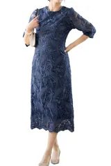 [MORE AUNI] パーティー ドレス 結婚式 エンブロイダリー コクーンドレス ワンピース 刺繍 2次会 1.5次会 お呼ばれ フォーマル 春 夏 服 秋 冬 大人 オトナ キレイメ カワイイ 可愛い シフォン [ネイビー / J327013] [XL]