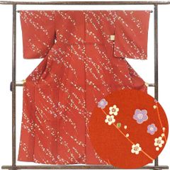 小紋 身丈160cm 裄65cm 前幅24cm 後幅29cm 袖丈51cm 袖幅33cm レディース 単衣 梅柄 裄Mサイズ 初夏・初秋用 ポリエステル ブラウン 美品 リメイク リユース リサイクル【呉服のきくや】