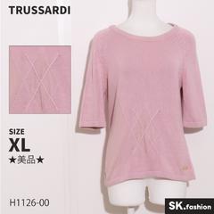 ★美品★ TRUSSARDI トラサルディ トップス　ニット　七分袖　アーガイル柄　綿100％　日本製　大きいサイズ 　ピンク　 【H1126-00】 送料無料　古着　レディース