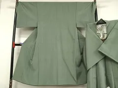 平和屋着物●男性　紬　アンサンブル　色無地　水浅葱色　正絹　逸品　AABA5042np