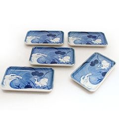 橘吉 染付 青華水鳥 長角皿 7枚セット 角皿 焼き物皿 平向 廃盤品