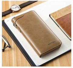 [キャメル）長財布メンズサイフプレゼントレザー本革大容量お札入小銭入コインケース