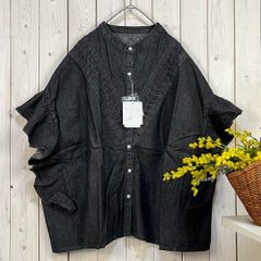未使用 フリルブラウス デニムシャツ コットン チャコール フリー