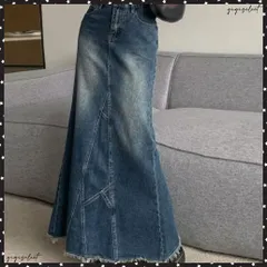 デニムロングスカート バックスリット韓国ヴィンテージ デニムスカート レディース 裾フリンジロングスカート ハイウエストAラインスカート 体型カバーブリーチ加工着やせデニムレトロ ローエッジスカート マーメイドスカート