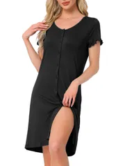 cheibear レディース ナイトガウン スリープドレス 半袖 ボタンダウン 無地 クルーネック ナイトドレス ポケット付き 黒 XS