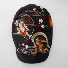 和柄　風神雷神刺繍　ハンチング帽子　黒　Japanese pattern embroidery hunting cap
