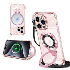 iPhone 15 Pro 用 ケース クリア MagSafe対応 リング付き ネック ショルダー アイフォン15プロ 縄掛けケース 透明 肩掛け 斜めかけ 韓国 可愛い 縄掛け カバー 丸型スタンド付き マグネット搭載 縦横両対応 耐衝撃 ワイヤレス充電 0