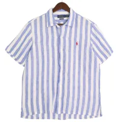 ポロ ラフルローレン リネン ストライプ シャツ 半袖 ポニー ロゴ 刺繍 クラシックフィット カットソー S 青 白 ホワイト メンズ