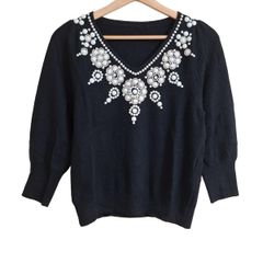 Diagram GRACE CONTINENTAL(ダイアグラム) 長袖セーター サイズ36 S レディース - 黒×白 Vネック/ビジュー Diagram（ダイアグラム） WOMEN ニット GRACE CONTINENTAL