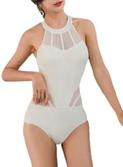 ISLAYCAOLILA アイラカリラ シースルー ワンピース 水着 ホルターネック クロス 紐 単色 ワイヤー なし ビーチウエア スイムウエア レディース( ホワイト,  XL)