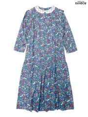 古着 レース 花柄 ロング丈 長袖 ワンピース 青 (otu2501009)