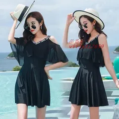 水着レディース 体型カバー 水着 ワンピース型 セパレート 肩出し 韓国風 可愛い 小胸バンドゥ 温泉 ウェア 40代 黒 フリル ママ 水着2点セット 大きいサイズ  vii3x817659