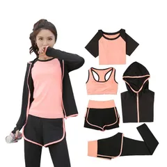 トレーニングウェア レディース ヨガウェア ランニングウェア 上下セット スポーツブラ パンツ 半袖 ロングタイツ パーカー 5点セット ジム 吸汗 速乾 通気#oneleaf3932