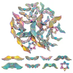 【在庫処分】収納ケース付き 材料 手作り素材 イヤリング アクセサリーパーツ ジュエリー用 ブレスレット 金具 ペンダント チャーム 銀古美 ネックレス 翼柄 虹色 ジュエリー ビーズ 天使の羽 DIYクラフト 約32個 8種 作り PandaHall