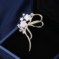 スワロフスキー桜ブローチ貝殻花リボンジルコンコサージュ結婚式卒業式入学式面接用