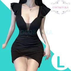 [ COCO&YUKA公式 ] ココアンドユカ 谷間 魅せ セクシー タイト ミニ ワンピース 半袖 キャバ 嬢 クラブ ドレス パット 付き スカート カシュクール スリット ワンピ ノースリーブ シースルー フリル 袖 ブラック L B0CJ29P9DF