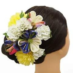 髪飾り 成人式 つまみ細工 振袖 袴 浴衣 夏祭り 花火大会 2点セット 黄色 白 房つき かんざし 和柄 ちりめん 古典 和装 FTS No.9-3949