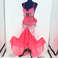 【ベリーダンス用 オリエンタル衣装】ショッキングピンク ラメ シルバーコイン 豪華 花柄 輝き レース 可愛い 華やか フリル トップス スカート ヒップスカーフ セット ダンス