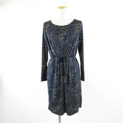 エル ELLE ワンピース ひざ丈 長袖 ドット 紺 ベージュ 38 *A362